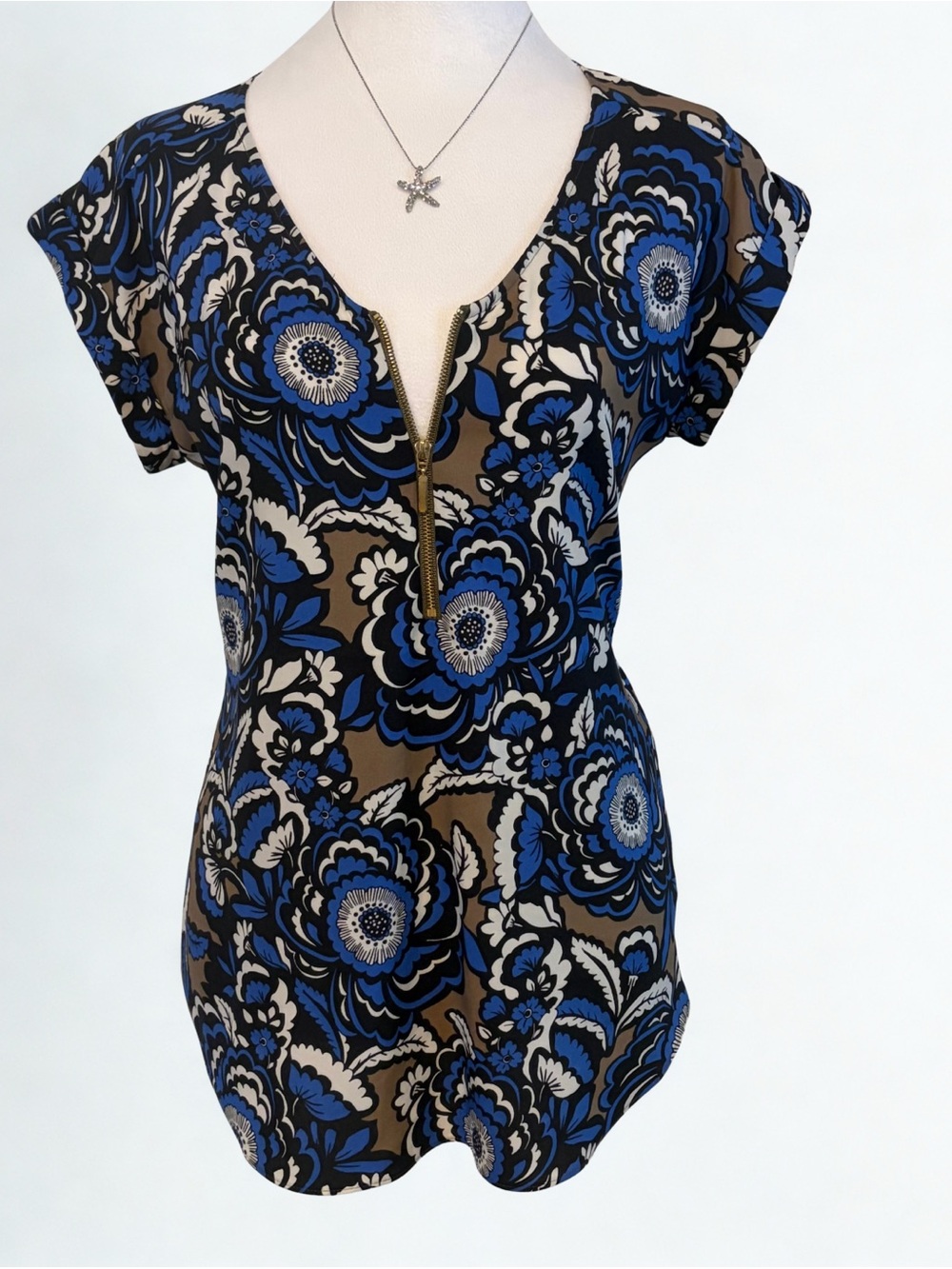 Express Blue Floral Zip-Front Blouse